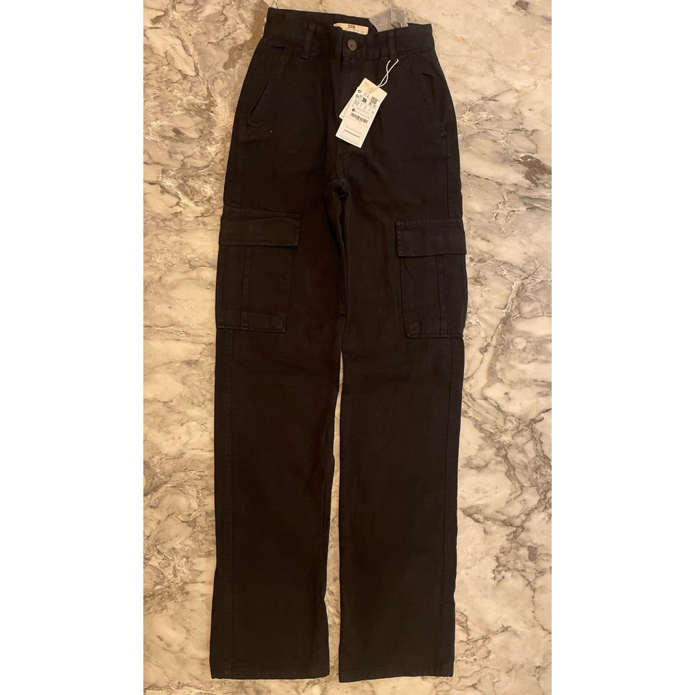 Stradivarius‎ Straight Fit Black Canvas Cargo Pant NWT Sz 0 Women's